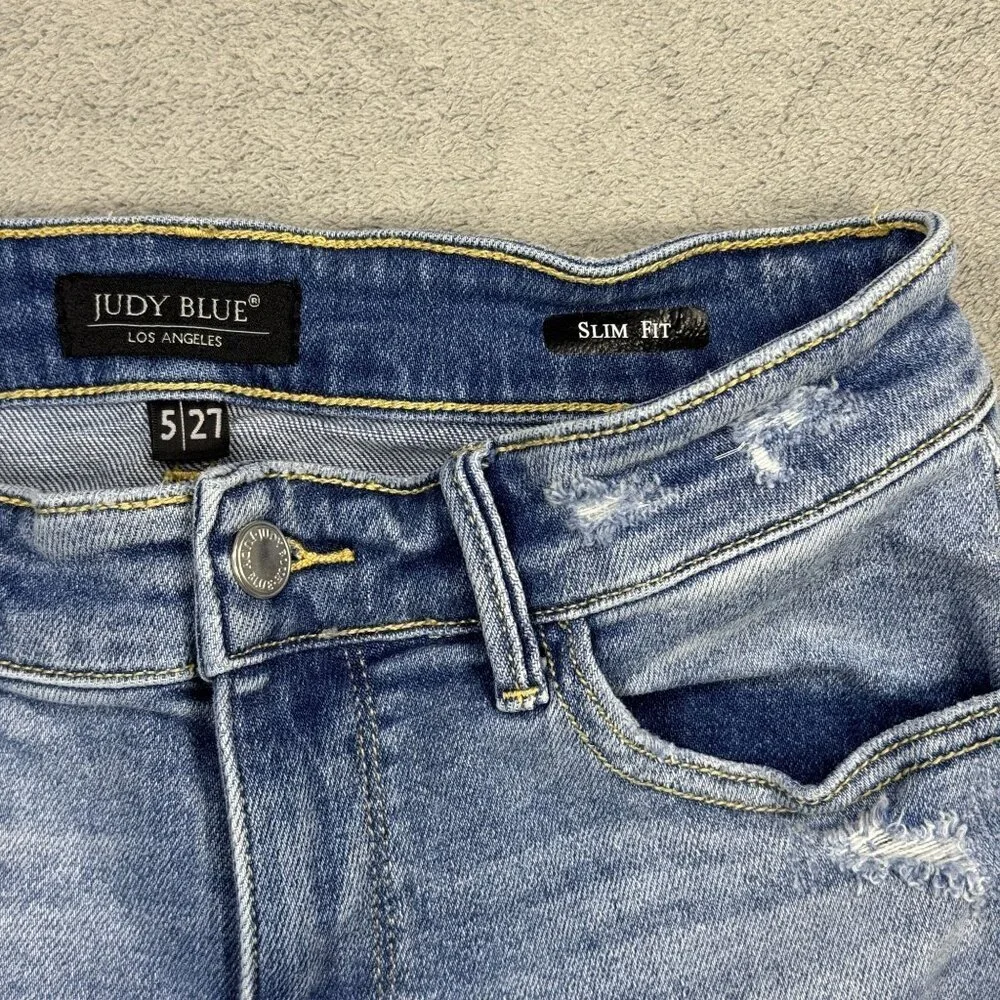 Judy Blue Slim Fit Jeans High Rise Distressed Light Wash Womens 5 Denim Stretch